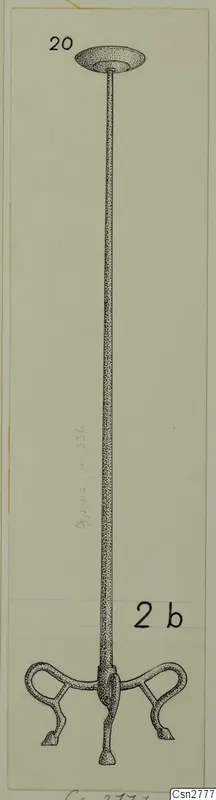 Drawing of a bronze utensil with a tall thin shaft, a flat disc at the top and three curled feet at the base.