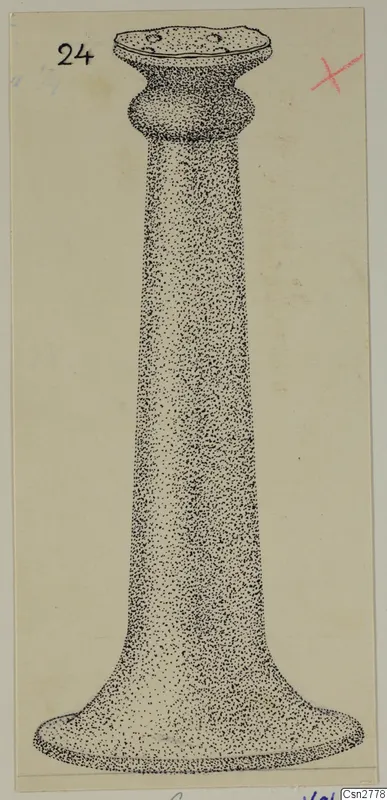 Stippled ink drawing of a metal object with a flat top, a rounded collar and a tall tapering shaft.