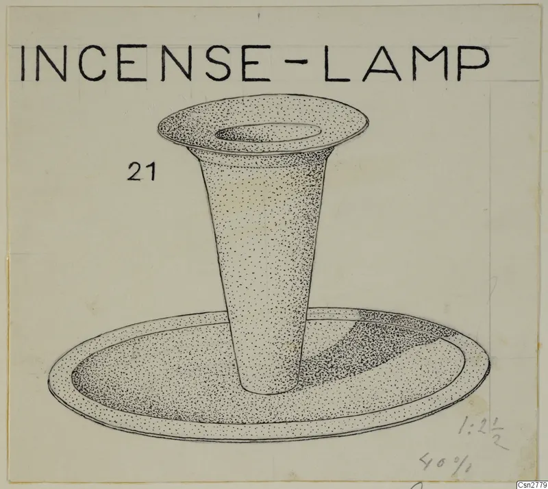Stippled ink drawing of a vessel with a wide flared rim on a tall stem, standing on a broad dish-shaped base