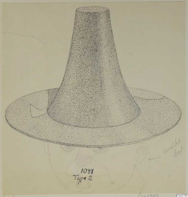 Ink drawing of a bronze torch holder, a tall tapering tube on a wide flat base, with a faint pencil face outline behind it
