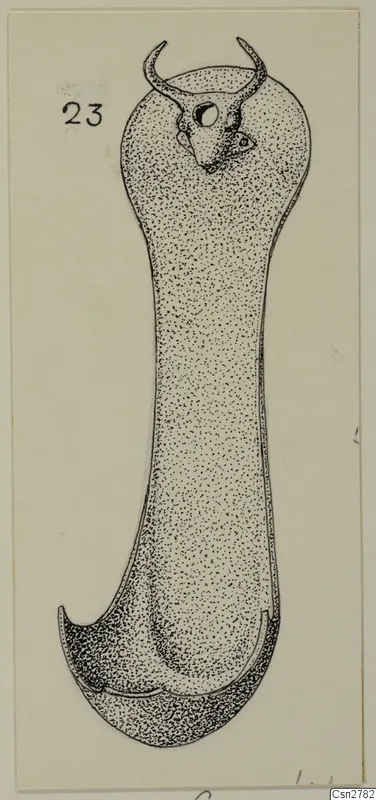 Drawing of a bronze utensil with a horned animal-head terminal