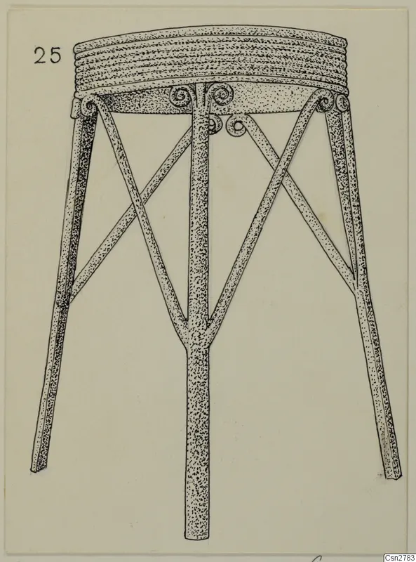 Drawing of a bronze stand with a coiled rim and spiral scrolls