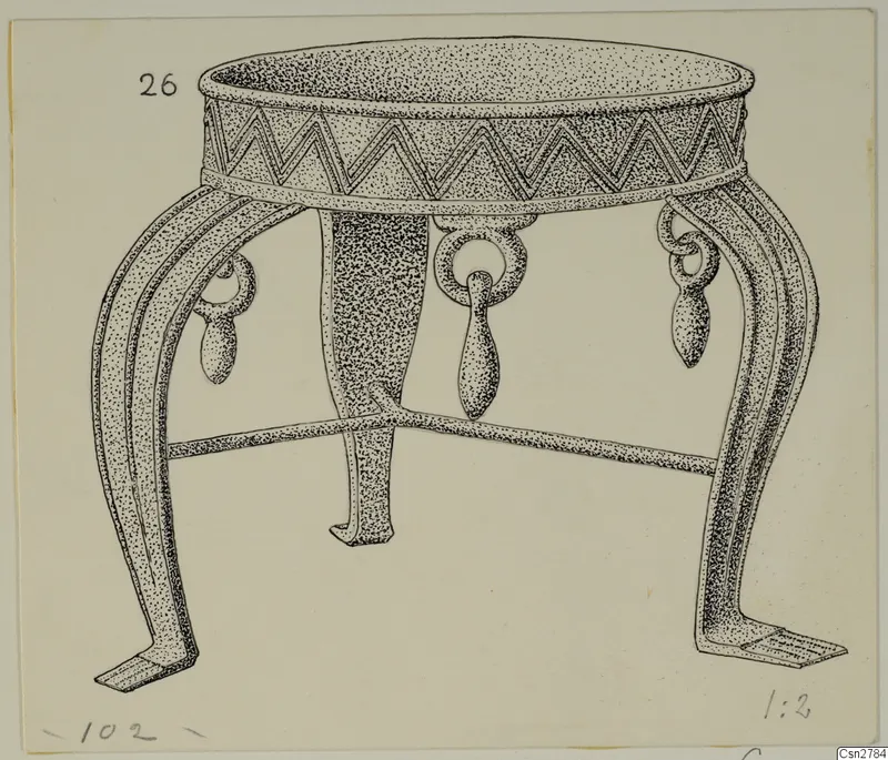 Drawing of a bronze three-legged stand with a zigzag-banded rim, a crossbar between its legs and hanging ring attachments