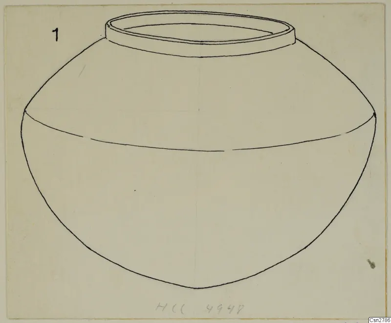 Line drawing of a wide, round-bodied vessel with a flat collar rim
