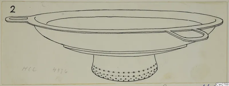 Line drawing of a bronze bowl with two horizontal handles and a tall footed base.