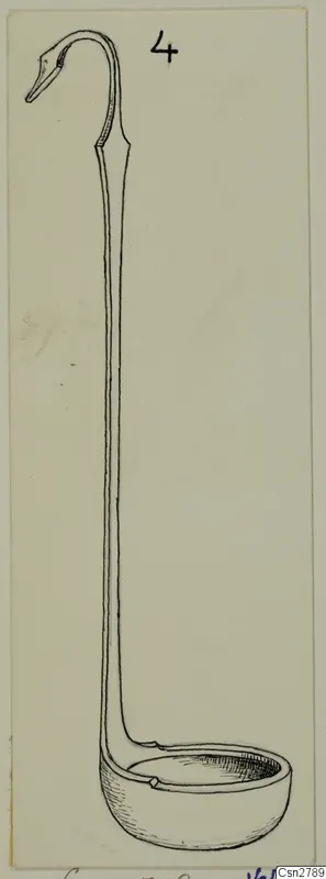 Drawing of a bronze ladle with a long handle that curves over into a hooked tip and a shallow rounded bowl.