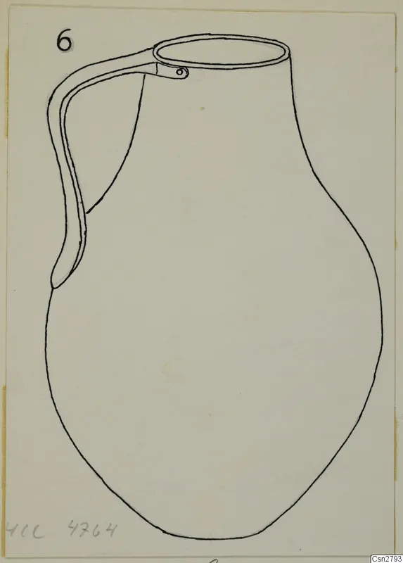 Drawing of a jug with a flat strap handle fixed to the neck with a rivet.