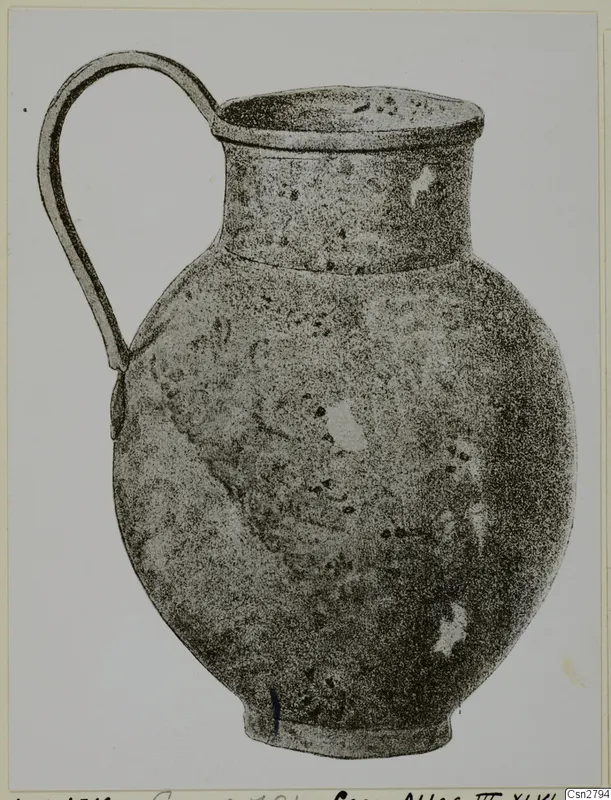 Drawing of a bronze jug with a tall loop handle and a wide flat rim