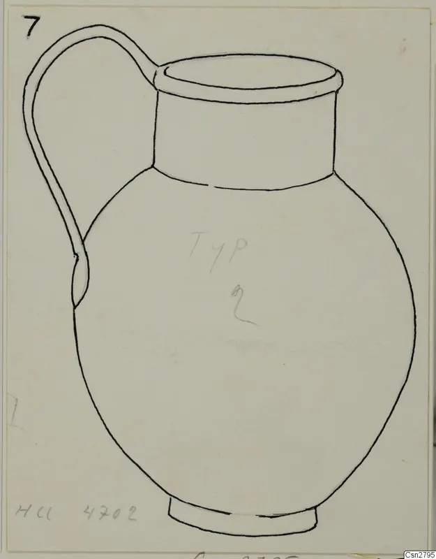 Line drawing of a jug with a tall loop handle and a flared foot, on a card sheet