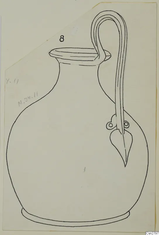 Drawing of a bronze jug with a tall looped strap handle and a leaf-shaped lower attachment, from the Marion tombs 31–45 series.