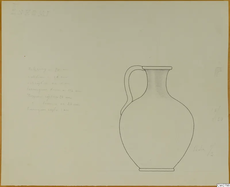 Pencil drawing of a single-handled jug, with handwritten measurements written beside it