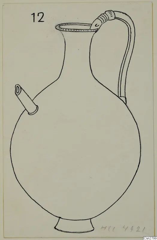 Line drawing of a jug with a side spout, a strap handle and a ring base, on a pale card.