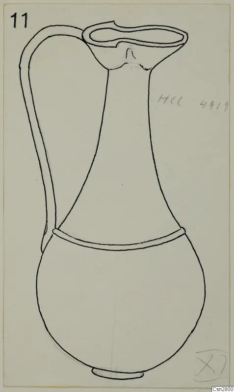 Line drawing of a jug with a single loop handle, a flared mouth and a round body on a short foot