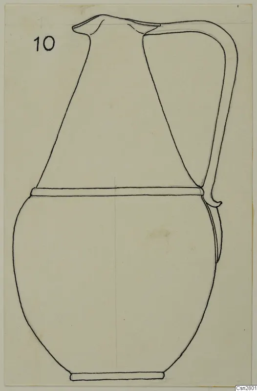 Line drawing of a jug with a wide spout, a tall loop handle and a raised band at the shoulder.