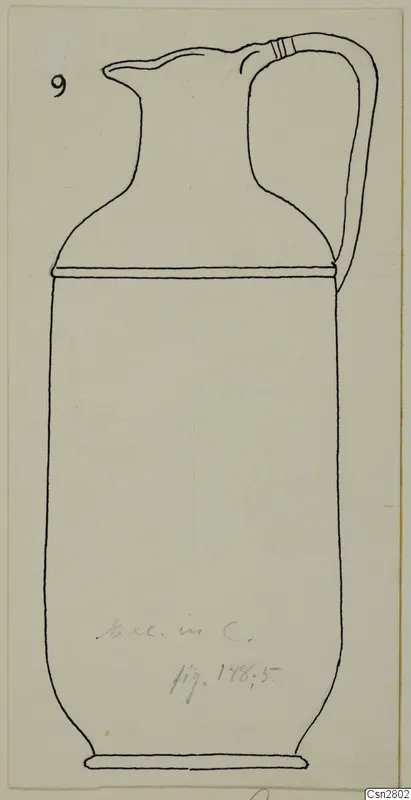 Line drawing of a jug with a tall body, a pointed spout and a strap handle