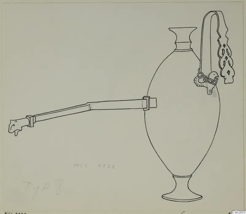 Line drawing of a bronze jug with a long spouted handle ending in a head-shaped terminal and a pierced strap handle.