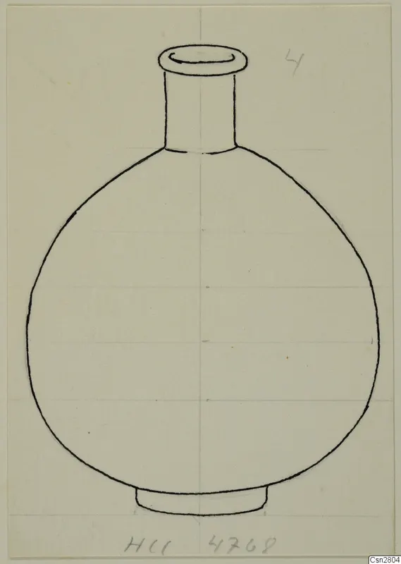 Ink drawing of a round-bodied vessel with a tall straight neck, flared rim and short ring foot
