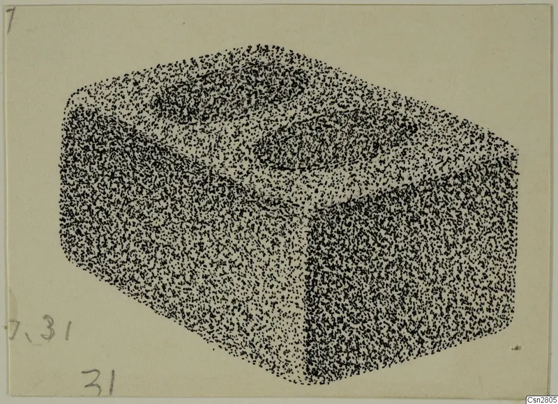 Stippled drawing of a box-shaped bronze utensil with a raised lid
