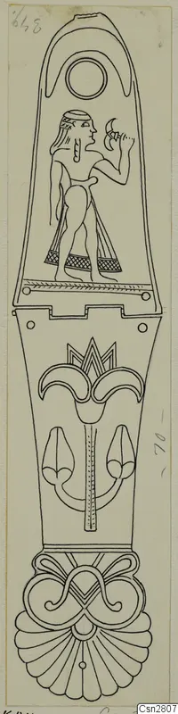 Drawing of bronze horse-trappings: a tall plaque with a figure in a niche above lotus and scroll ornament