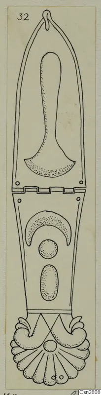Drawing of bronze horse-trappings: an elongated plate with a loop at the top and a fan-shaped lower end.