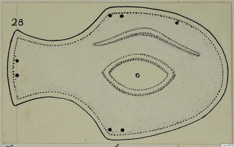 Drawing of a bronze blinker, a horse-trapping plate with a central eye-shaped motif and small holes around the edge.
