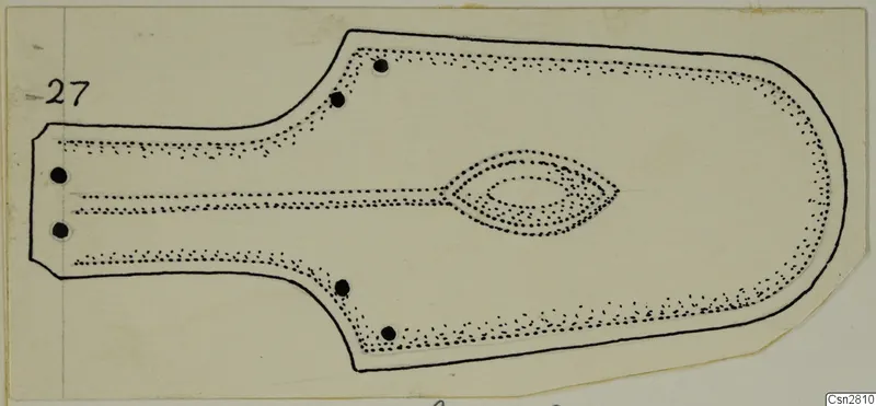 Drawing of a bronze horse-trapping: a flat, paddle-shaped plate with a leaf-shaped motif at its centre