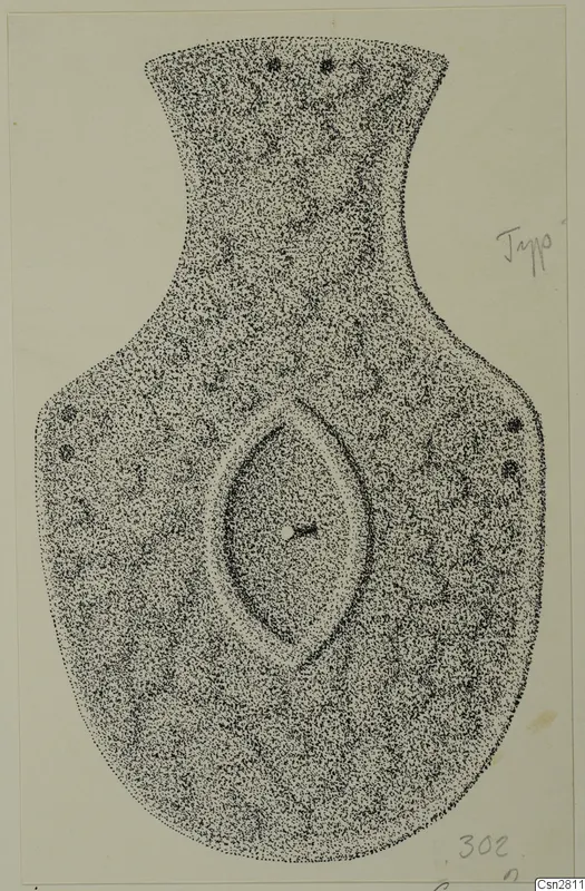 Drawing of bronze horse-trappings from Idalion: a flat plate with a central almond-shaped boss and rivet holes