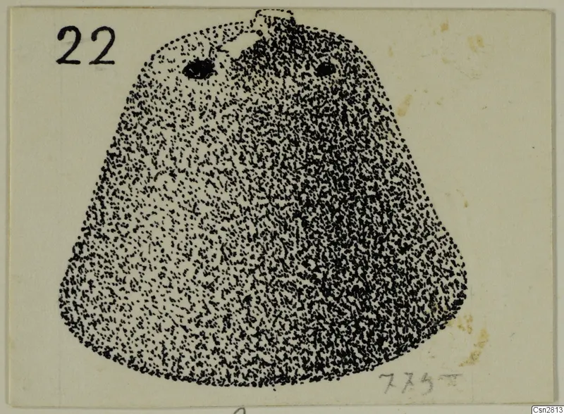 Stippled ink drawing of a bronze horse-trapping, cone-shaped, with two round holes near the top