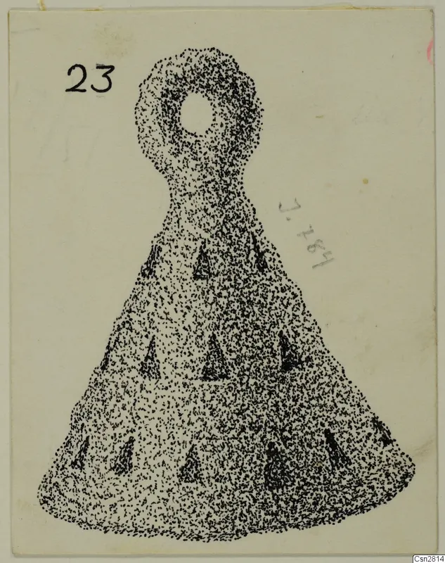 Drawing of a bronze horse-trapping from Idalion, bell-shaped with a loop at the top and triangular openings on the body.