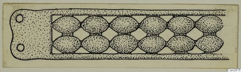 Ink drawing of a flat bronze horse-trapping strip with two holes at one end and a band of oval links