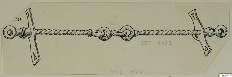 Drawing of bronze horse-trappings: a twisted bar with two rings and knobbed side-pieces