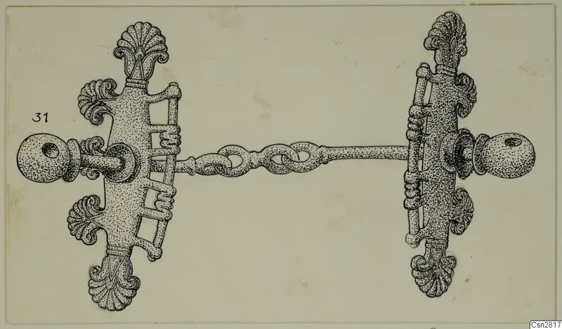 Drawing of bronze horse-trappings: two cheek-plates joined by a linked chain and bar, with shell-like terminals.