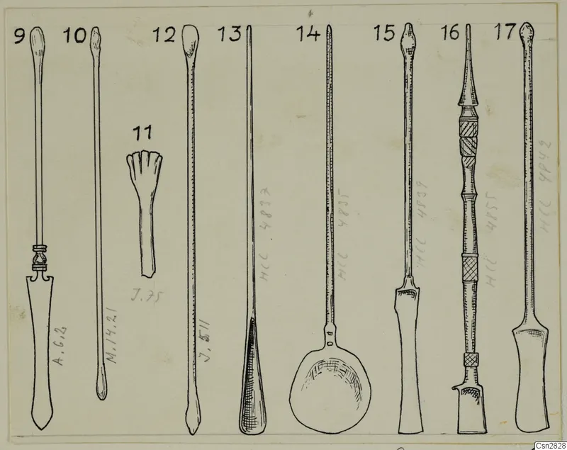 Drawing of several numbered bronze toilet implements and instrument-like tools, shown upright in a row