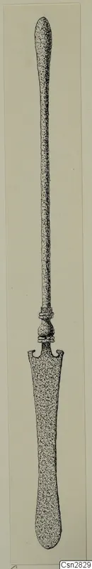 Drawing of a bronze toilet implement with a long slender shaft and a flat, broad blade