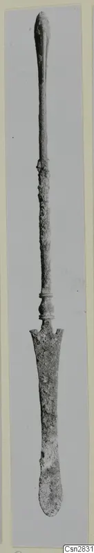 Long bronze implement with a slender shaft, a collar, and a flat, notched blade end