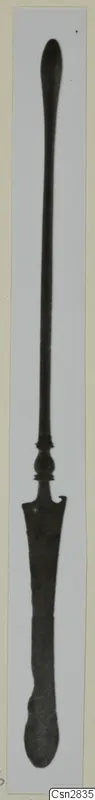 Long bronze implement with a rounded top end, a knobbed collar and a flat blade-like lower end.