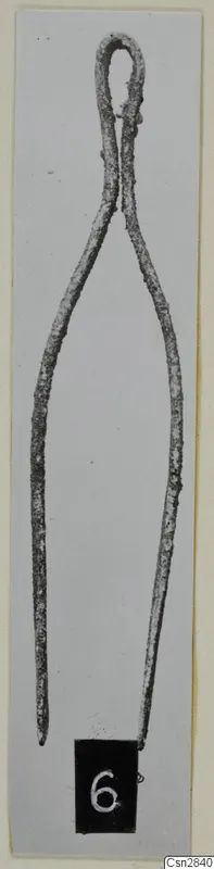 Pair of corroded metal tongs with a looped top, shown upright with a number label.