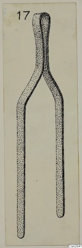 Drawing of a bronze toilet-requisite with a looped top and two long prongs