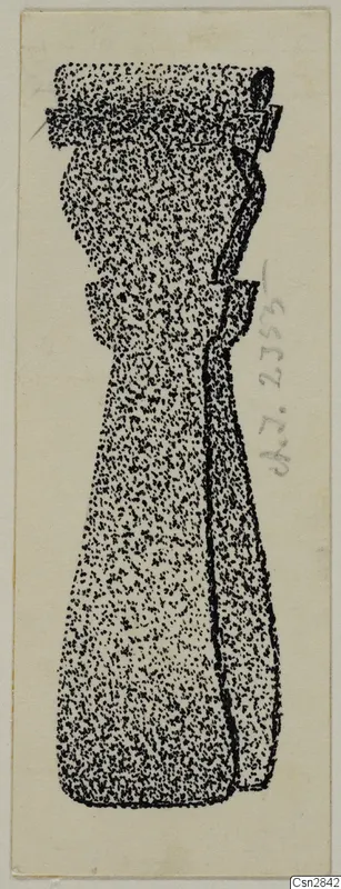 Stippled drawing of a bronze toilet requisite: a tall, narrow implement with collars and a widening base