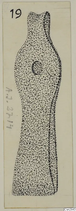 Stippled ink drawing of a bronze toilet requisite with a narrow neck, a round hole near the top and a broad flat base