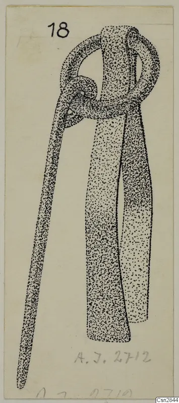 Stippled ink drawing of bronze toilet-requisites: a looped implement with two arms, on a pale card.