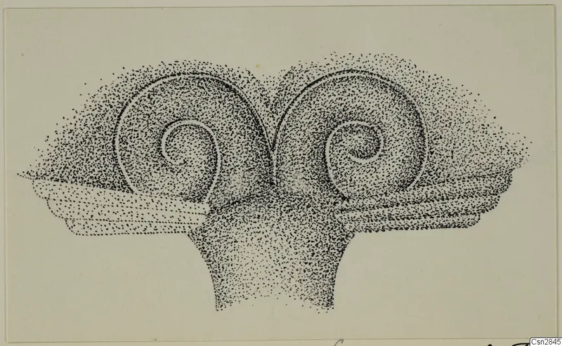 Stippled drawing of a bronze object with two spiral scrolls on a stepped ledge and a tapering stem below.