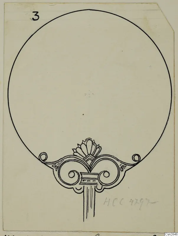 Drawing of bronze toilet-requisites: a large circle with a scrolled ornament at its base.