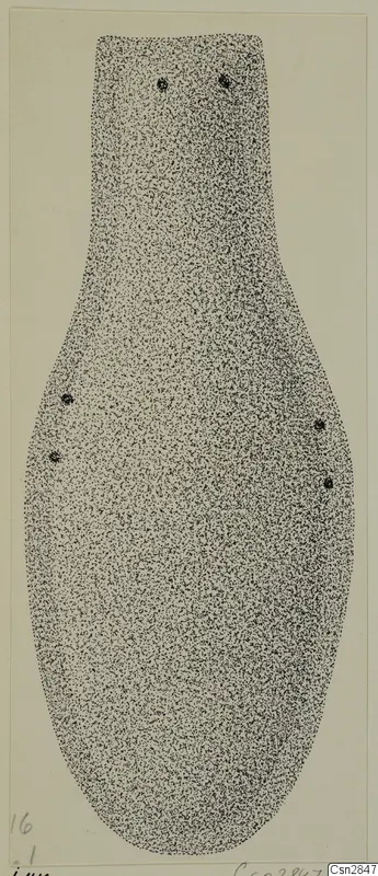 Stippled drawing of a flat metal object with a narrow top, a bulbous body and a rounded base, with five small dark marks.