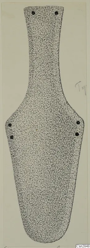 Stippled drawing of a flat bronze toilet requisite from Idalion, elongated with a narrow top and six rivet holes.