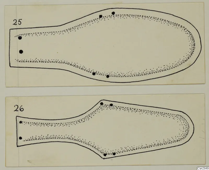 Drawing of two flat, elongated objects with stippled edges and dark dots, each on a card with a number label