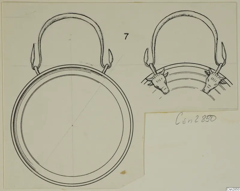 Pen drawing of a bronze disc-shaped object with a looped handle, in two views; the handle ends on the right are animal heads.