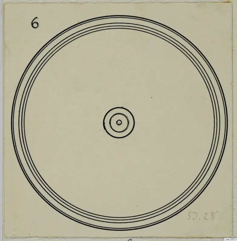 Line drawing of a round bronze toilet-requisite in plan view, with concentric rings and a central boss