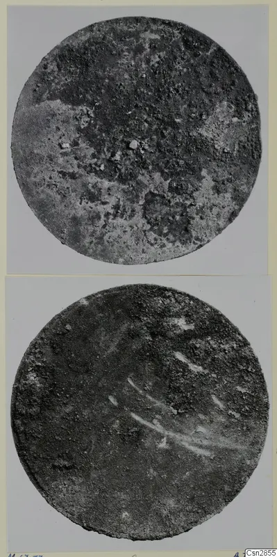 Two views of a round, corroded bronze mirror on a card mount