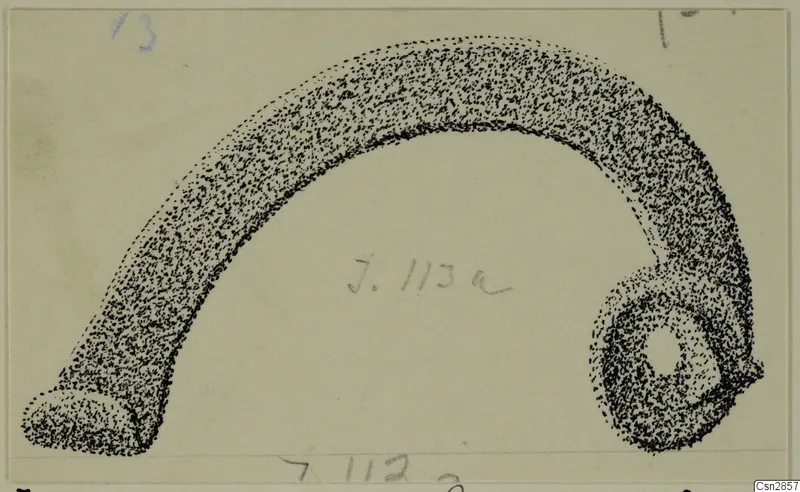 Stippled drawing of a bronze personal adornment: a thick curved band with a ring-shaped loop at its right end